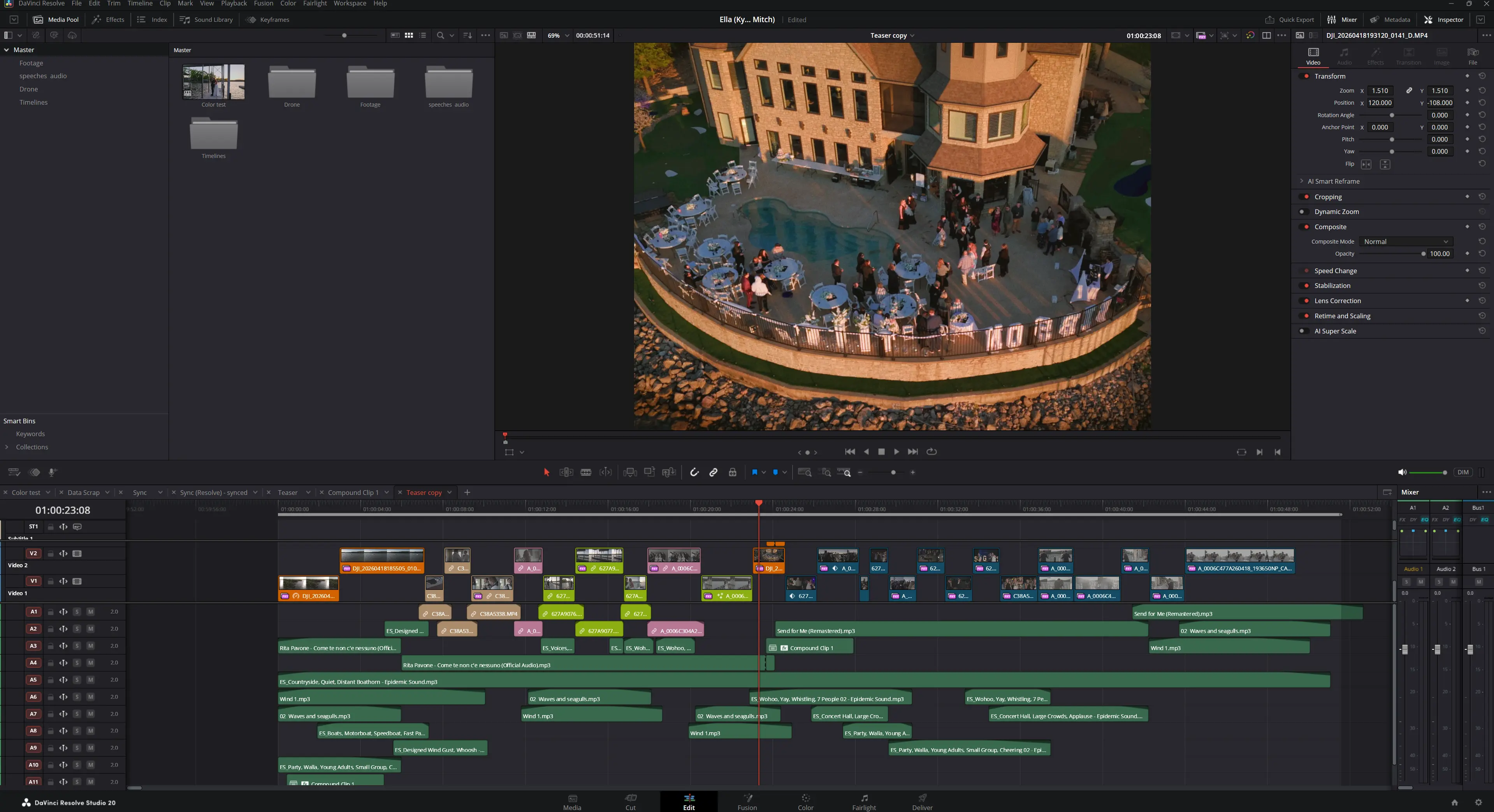DaVinci Resolve timeline for Kylee & Mitch's wedding highlight film, showing layered speech audio tracks alongside synced ceremony and reception footage